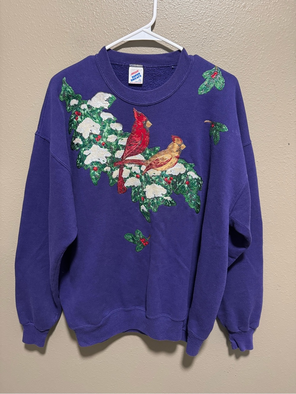 Vintage Jerzees Purple Crewneck Sweatshirt with Cardinal & Holly Motif